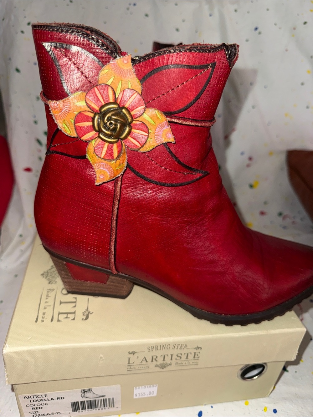 L'ATISTE Red Leather Western Ankle Boots with Floral Accent - Picture 5 of 5